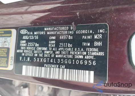 2016 Kia Optima Lx from USA, damaged, VIN 5XXGT4L35GG106956